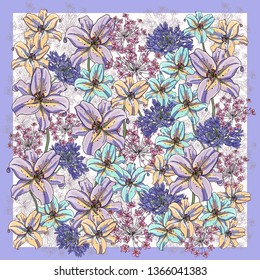 A scarf with a picture of flowers on a white background.