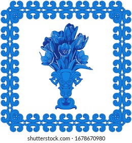 Scarf with a picture of a separate vase with flowers in a frame. Tulips in blue and white in the baroque style. The pattern is suitable for scarf, ceramic tiles, print.