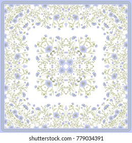 Scarf print design. Delicate cute flowers square pattern. Vector