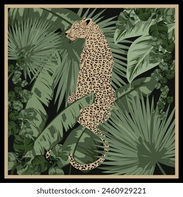 Schal Print Design für Bildschirmhintergrund. Leopard in grünen tropischen Blättern auf schwarzem Hintergrund.