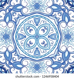 scarf print design.Abstract blue and white hand drawn tile seamless ornamental watercolor paint pattern