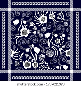 Scarf print with flowers. Abstract framed pattern with paisley elements. Man fashion textile collection. White on dark blue background.