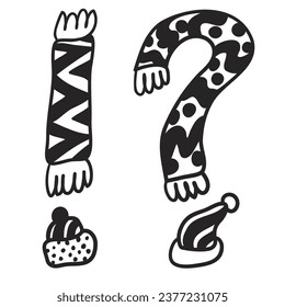 scarf question mark, exclamation mark in doodle style. Children's New Year's alphabet stylized. template for print, sticker, coloring, header, article, children's book, toy, decoration. 