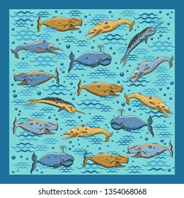 Scarf with sea animals on a blue sea background.