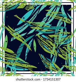 Scarf or textile design. Abstract fashionable seamless pattern with water, flower or floral elements. Vector illustration with exotic natural tune. Mint, green, turquoise, blue on white background