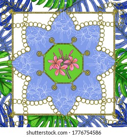 Scarf with tropical plants. Pink plumeria flower on a green background. Gold chain ornament.