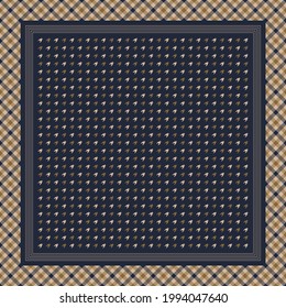 Scarf vector with houndstooth check and gingham border in dark navy blue, gold brown, beige. Square print for autumn winter silk scarf, bandana, shawl, hijab, other modern fashion fabric design.