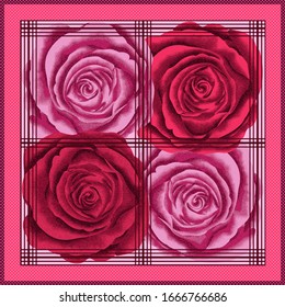 Rosas románticas vectoriales con bordes punteados. Plantilla para todo el mercado textil. Se puede utilizar en prendas de vestir, pañuelos, textiles para el hogar y todos los demás campos.
