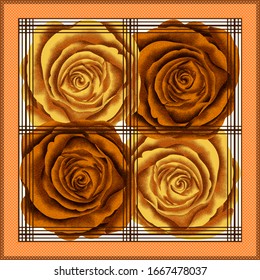 Scarf Vector. Textured romantic roses with dotted border. Template for all textile market. It can be used in apparel, scarves, home textiles and all other fields.