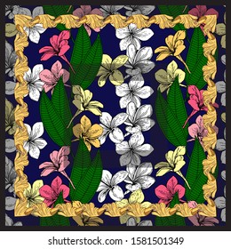 Scarf with white, pink, raspberry and yellow plumeria flowers on a dark blue background. Drawing in a yellow patterned frame.