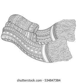 Scarf. Winter, cold, snow. Pattern for coloring book. Winter sketch. Warm clothes, scarf. Hand-drawn vector illustration.