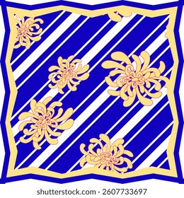 Scarf with yellow chrysanthemums on striped diagonal white and blue background in frame. Floral and striped patterns can be used as seamless print. Eastern collection for bandanas and other. Vector.