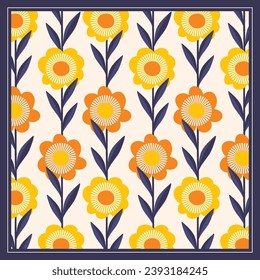 diseño de la bufanda con motivos florales amarillos y anaranjados