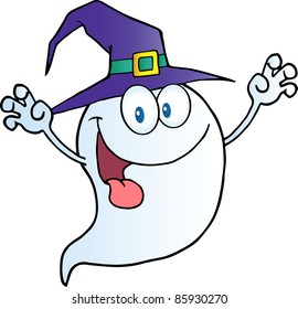 Scaring Ghost Holding His Hands Up And Wearing A Witch Hat