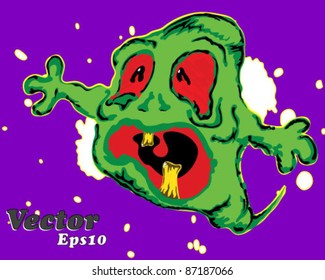 Scaring ghost holding his hands up. Comical  vector illustration.