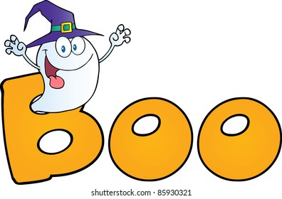 Scaring Ghost Wearing A Witch Hat In The Word BOO
