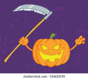 Scaring Halloween Pumpkin With A Scythe And Background