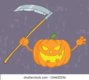 Scaring Halloween Pumpkin With A Scythe And Grunge Background