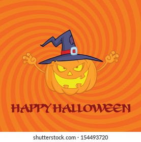 Scaring Halloween Pumpkin With A Witch Hat And Sign