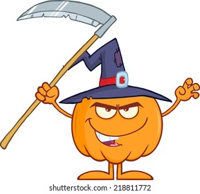 Scaring Halloween Pumpkin With A Witch Hat And Scythe Cartoon Mascot Character