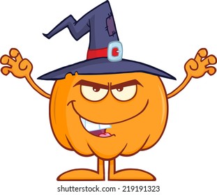 Scaring Halloween Pumpkin With A Witch Hat