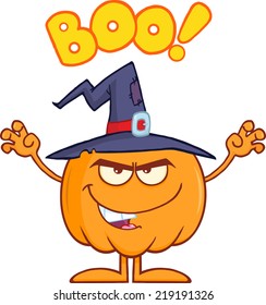 Scaring Halloween Pumpkin With A Witch Hat And Text