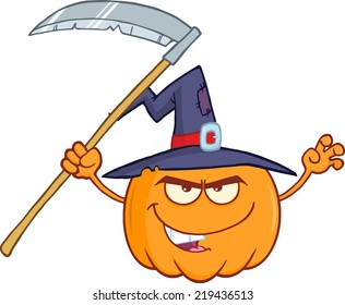 Scaring Halloween Pumpkin With A Witch Hat And Scythe Cartoon Character