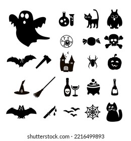 Scaring Pictograms or Icons Set: Pumpkin and Black Cat, Bat and Funny Ghost and Other Symbols.