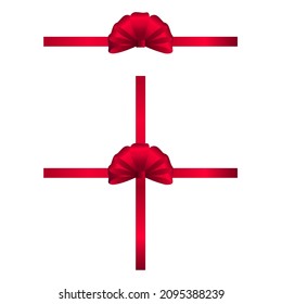 A scarlet bow-shaped bow with a satin ribbon. Vector illustration, realistic design, isolated on white background, eps 10.