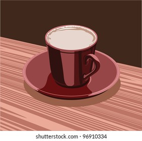 scarlet cup of cocoa is on the a scarlet saucer
