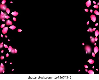 Scarlet delicate petals flying over black background. Apricot spring tree blossom parts confetti. Flower petals vector illustration for Women's Day. Seasonal wallpaper.