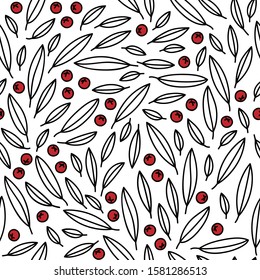 scarlet firethorn leaves berries Thanksgiving Christmas New Year winter holidays seasonal decorative floral seamless pattern red black and white vector illustration isolated on white background