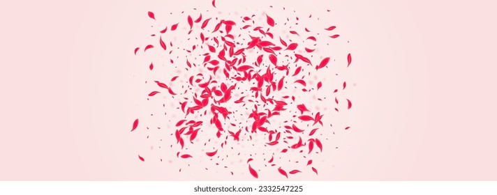 Scarlet Flower Vector Pink Panoramic Background. Tender Blossom Template. Red Petal Fall Frame. Carmine Blur Rose Design.