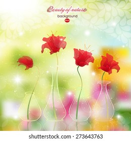 Scarlet flowers in pots on abstract summer background.