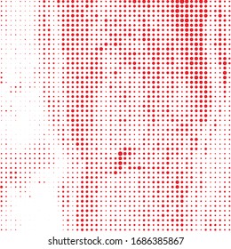 Impresión de semitono de escarlata. Llama abstracta digital. Digital Vector Rojo. Ruby Dots Pop. Rusty Círculo en cartel. Fondo degradado. Elemento Grunge. Sucio geométrico.
