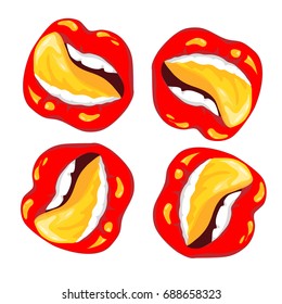 Scarlet lips with tongue thrusting. Vector illustration. Gold, Golden tongue, Golden drops.