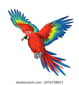 Scarlet macaw flying, cartoon bird of tropical jungle. Big yellow, red and blue Neotropical parrot landing on tree branch. Rainforest animal mascot, flight of cartoon macaw vector illustration