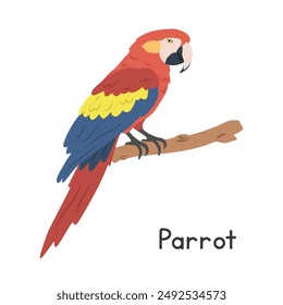 Scarlet macaw parrot perched on tree branch vector illustration, cartoon clipart character, animal in flat style. Wild animals, avian, birds concept. Colorful macaw vector design isolated