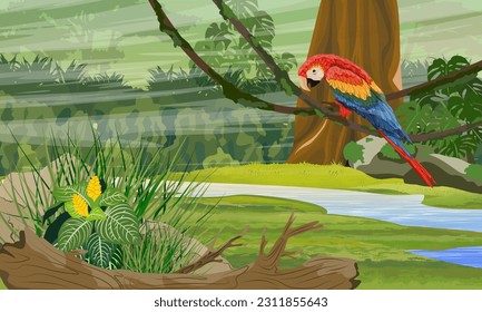 loro de macao escarlata sentado en las ramas de una planta tropical en la jungla. Corriente en la selva de Sudamérica y África. Paisaje vectorial realista