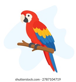 Scarlet macaw perched on branch, scarlet macaw glowing with vivid feathers, Ara macao tropical vector art for exotic wildlife themes. Jungle design