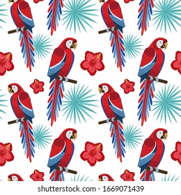 Scarlet Macaw red parrot pattern, tropical hibiscus flowers and palm brunches for print wrapping paper, textile or fabric design. Exotic Ara birds and plants seamless background.