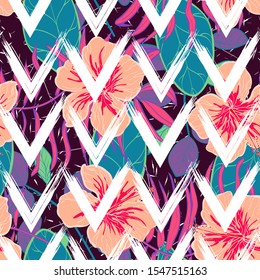 Scarlet Palm Tree Vector Seamless Pattern. Rose Modern Banana Texture California Design. Ochre Foliage Decoration Background. Rose Hibiscus Flower Leaves Background