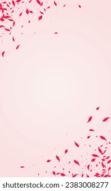 Scarlet Peach Vector Pink Background. Japanese Petal Template. Ruby Sakura Falling Texture. Carmine Flying Blossom Wallpaper.