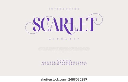 Scarlet premium luxury elegant alphabet letters and numbers. Vintage wedding typography classic serif font decorative vintage retro. creative vector illustration