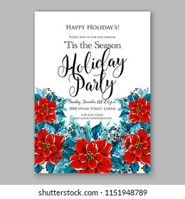 Scarlet red floral Poinsettia Merry Christmas Party Invitation Winter floral wreath illustration blue fir pine needle branches privet berry Peony Chrysanthemum greenery