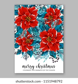 Scarlet red floral Poinsettia Merry Christmas Party Invitation Winter floral wreath illustration blue fir pine needle branches privet berry Peony Chrysanthemum greenery