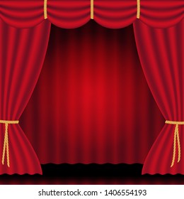 Scarlet red luxury silk velvet curtains and draperies.Realistic interior decoration design.Spotlight on stage curtain.Isolated vector illustration