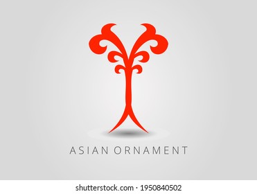 Scarlet red ornate linear floral ornament in Kazakh traditional style. Asian floral design. Abstract Asian elements of the national pattern of the ancient nomads of the Kyrgyz, Mongols, Kazakhs, Tatars.