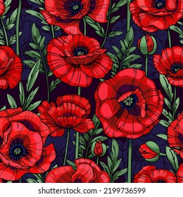 scarlet red poppies, flowers, leaves and stems, seamless vector pattern