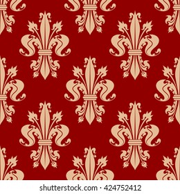 Scarlet red seamless fleur-de-lis pattern with pale peach ornamental curly leaves and spiky flower buds of royal lilies. Vintage interior and upholstery design usage